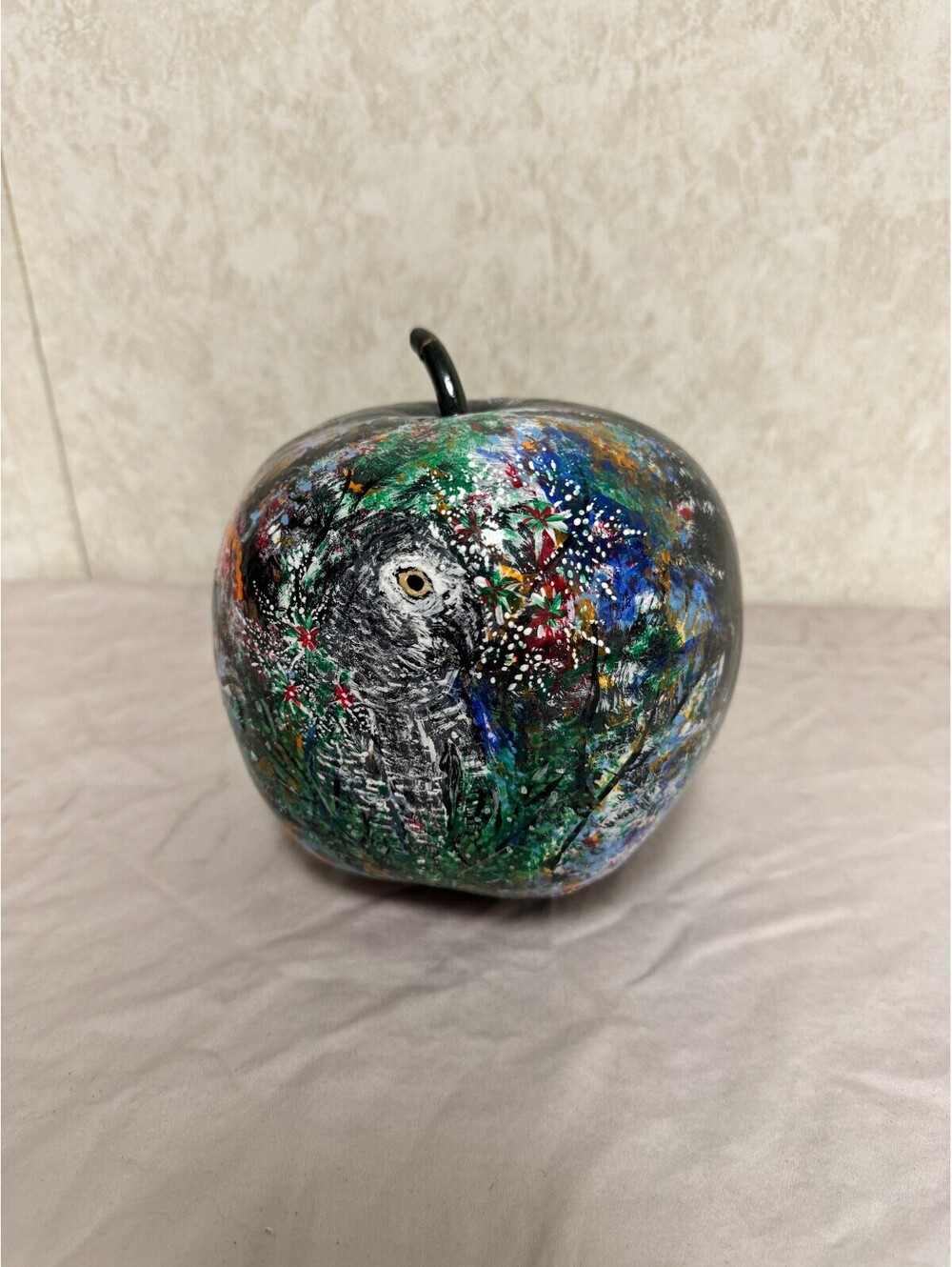 Painted Apple Decor with Owl Design and Colorful Details